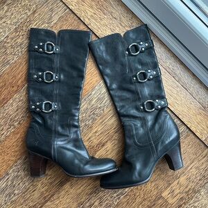Frye Black Heeled Boots with Buckle Detail